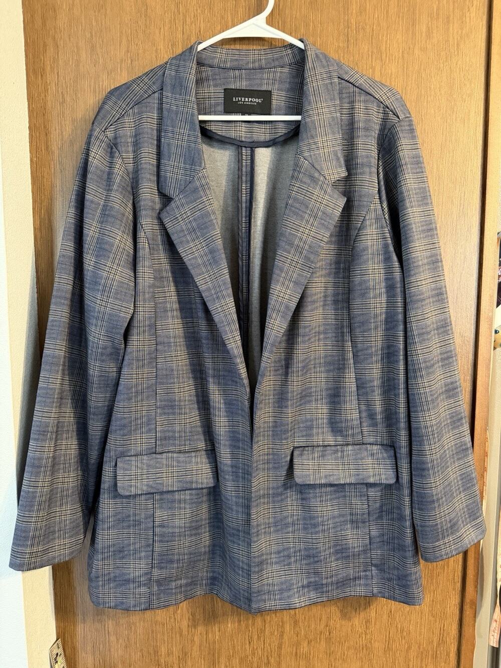 Liverpool Los Angeles Blue Glen Plaid Open Front Boyfriend Blazer 2X career